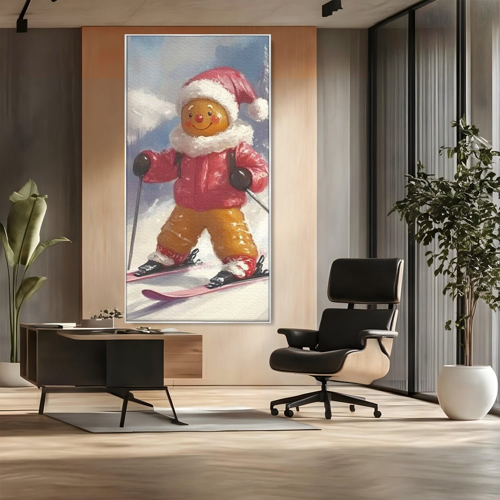 Tablou canvas cu turtita dulce schioare, in rama de aluminiu argintiu, pe perete intr-un birou